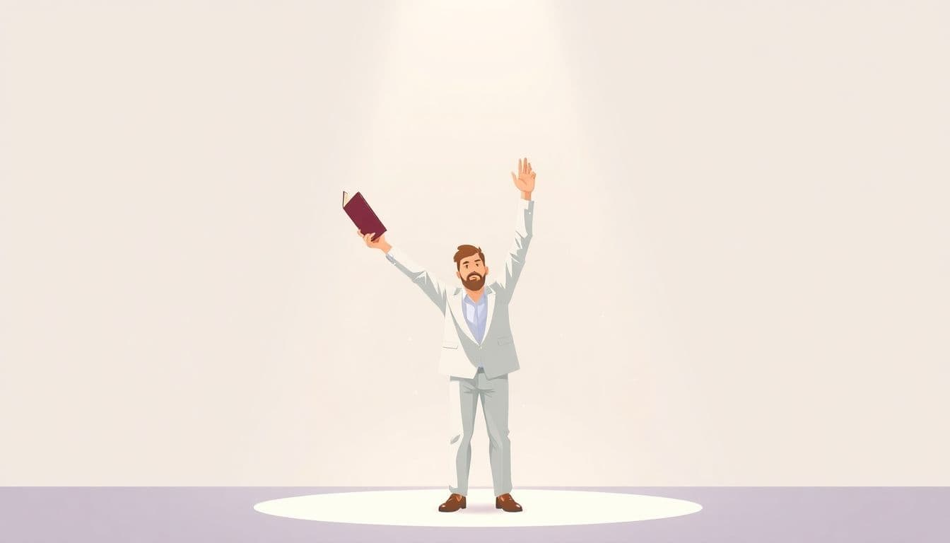 Confident author holding a book above their head on stage, surrounded by subtle light, with a minimalist, clean background and soft colors.