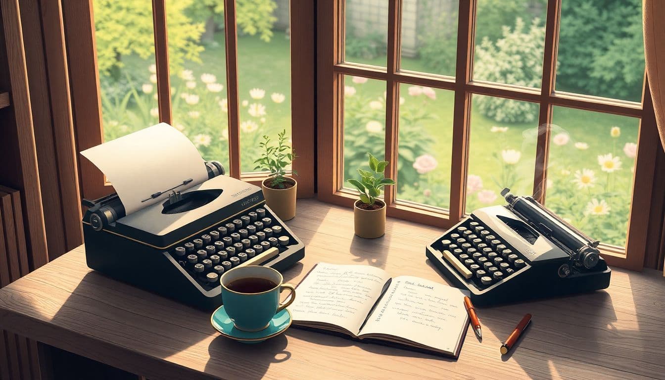 A serene writing desk by a window with natural light, featuring an open notebook with handwritten notes, a vintage typewriter, a steaming cup of tea, and a small potted plant, overlooking a peaceful garden with blooming flowers.