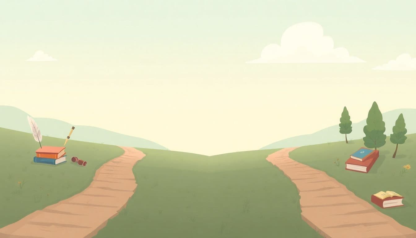 Illustration showing two diverging paths in a serene landscape—one path features classic literary symbols like quills and books for traditional publishing, while the other is lined with digital tablets and modern media for hybrid publishing, all in soft, calming colors.