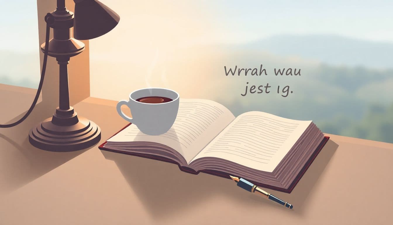A cozy writing nook with an open notebook, steaming cup of coffee, and a vintage pen beside it, set against a calming, blurred landscape. Soft colors and gentle textures create a serene atmosphere.