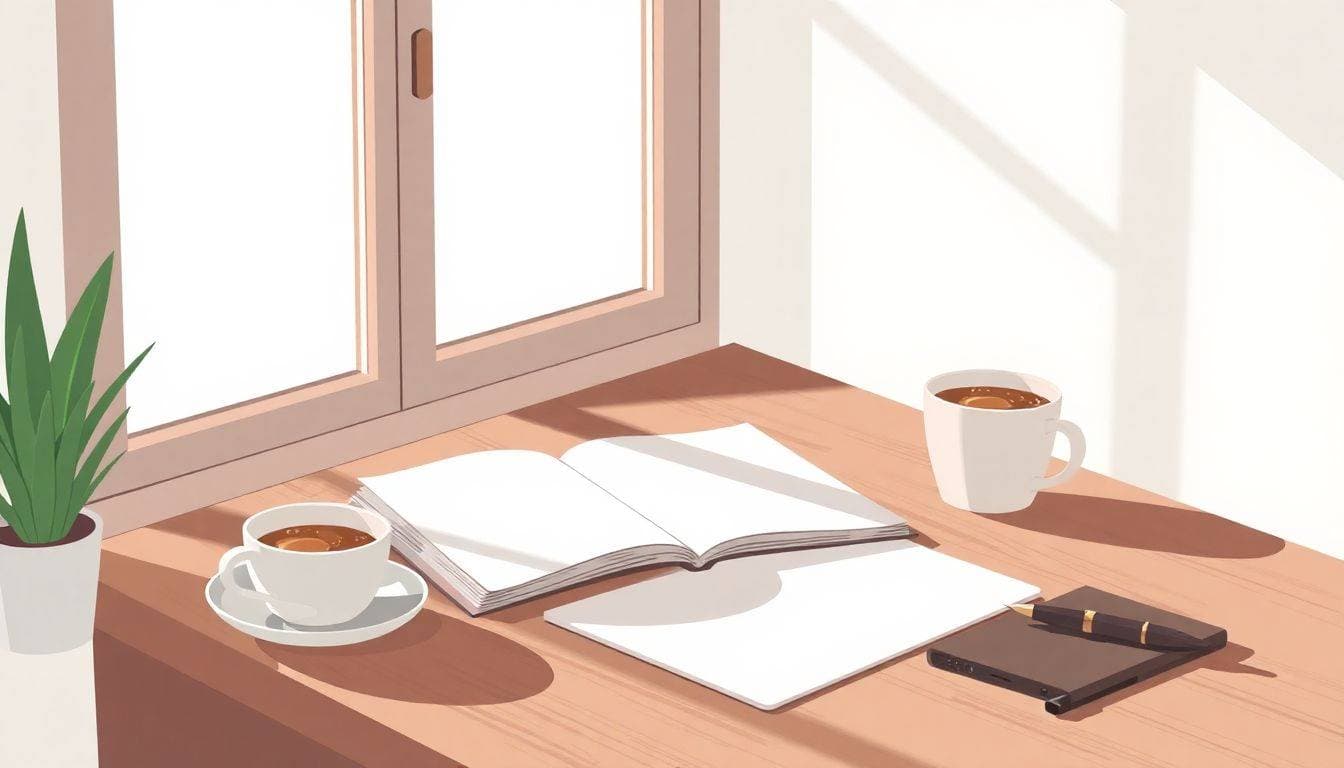 Minimalist illustration of a wooden desk with an open blank notebook, an elegant fountain pen, and a warm cup of coffee, with soft light filtering through a window.