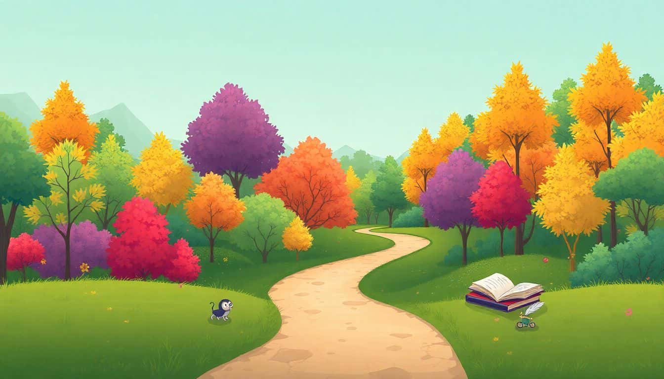 A winding path through a lush forest with glowing symbols of a quill, an open book, and a playful character, representing the journey of writing allegories.