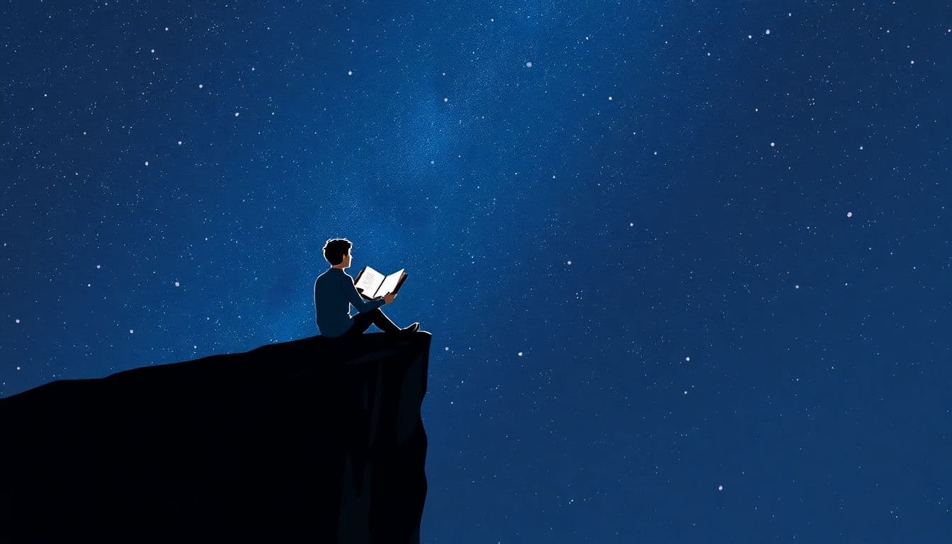 A solitary figure sits on the edge of a cliff, gazing at a starry night while holding an open book with fluttering pages.