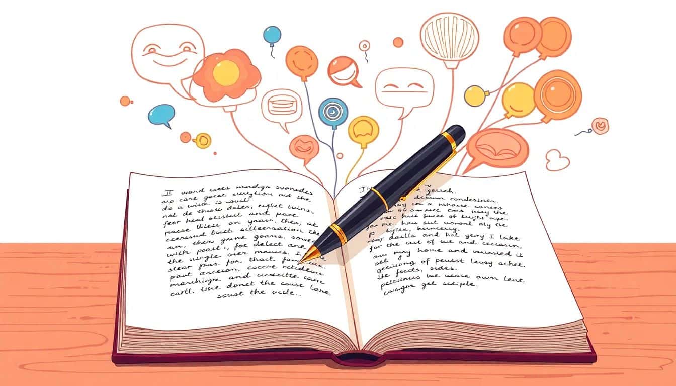 An open notebook with neatly written dialogue snippets and a fountain pen on its pages, surrounded by abstract thought bubbles filled with colorful ideas, set in a warm, inviting color palette with soft lighting.