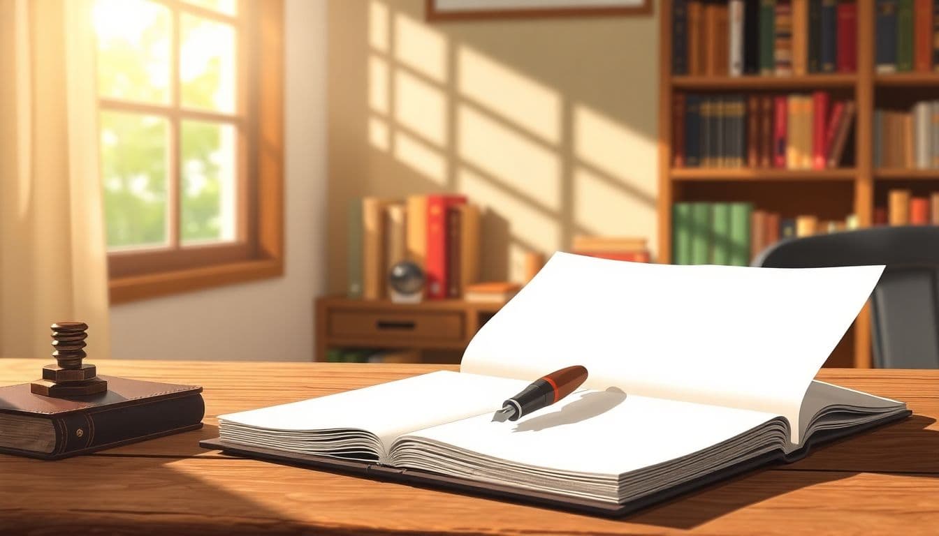 An open notebook and a fountain pen on a wooden table, bathed in warm sunlight, with blurred bookshelves in the background.