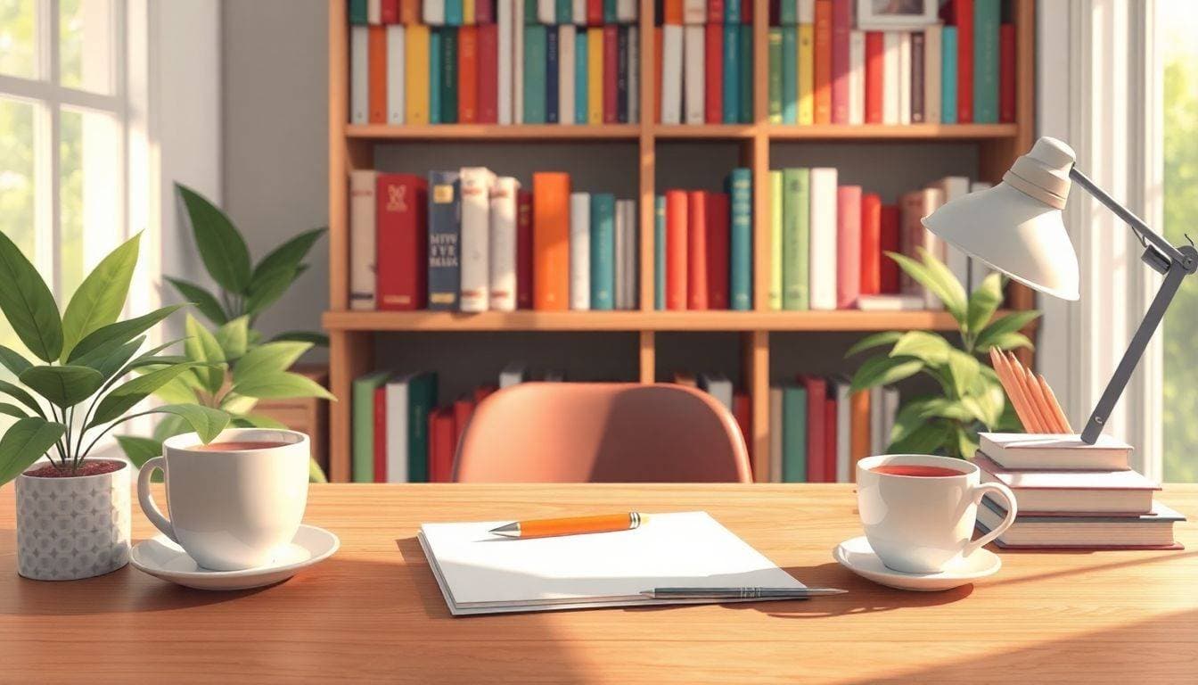 A serene workspace with a neatly organized desk, featuring a blank notepad, a pen, and a cup of tea, illuminated by soft natural light, with a cozy bookshelf filled with colorful books in the background.