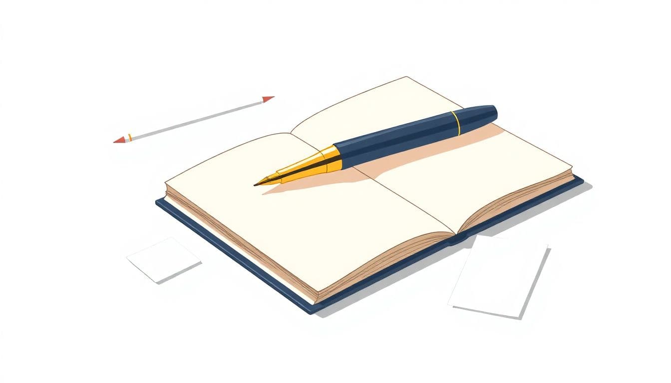 Sleek fountain pen on an open notebook with scattered paper sheets nearby, illustrated in soft colors with clean lines.