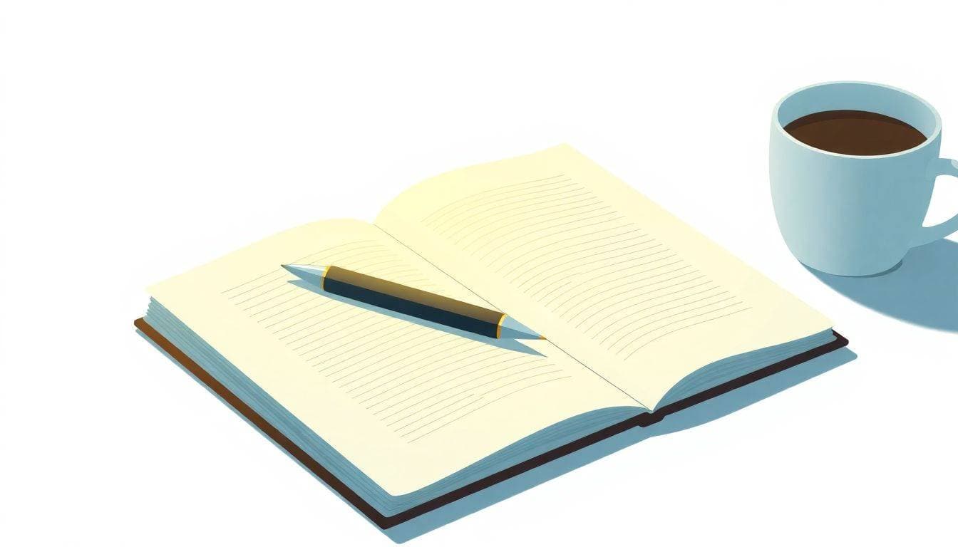 A minimalistic illustration of an elegantly designed pen on an open notebook with neatly organized handwritten notes, softly illuminated by light, with blurred outlines of a desk and coffee cup in the background, featuring a soothing color palette of soft blues and greens.