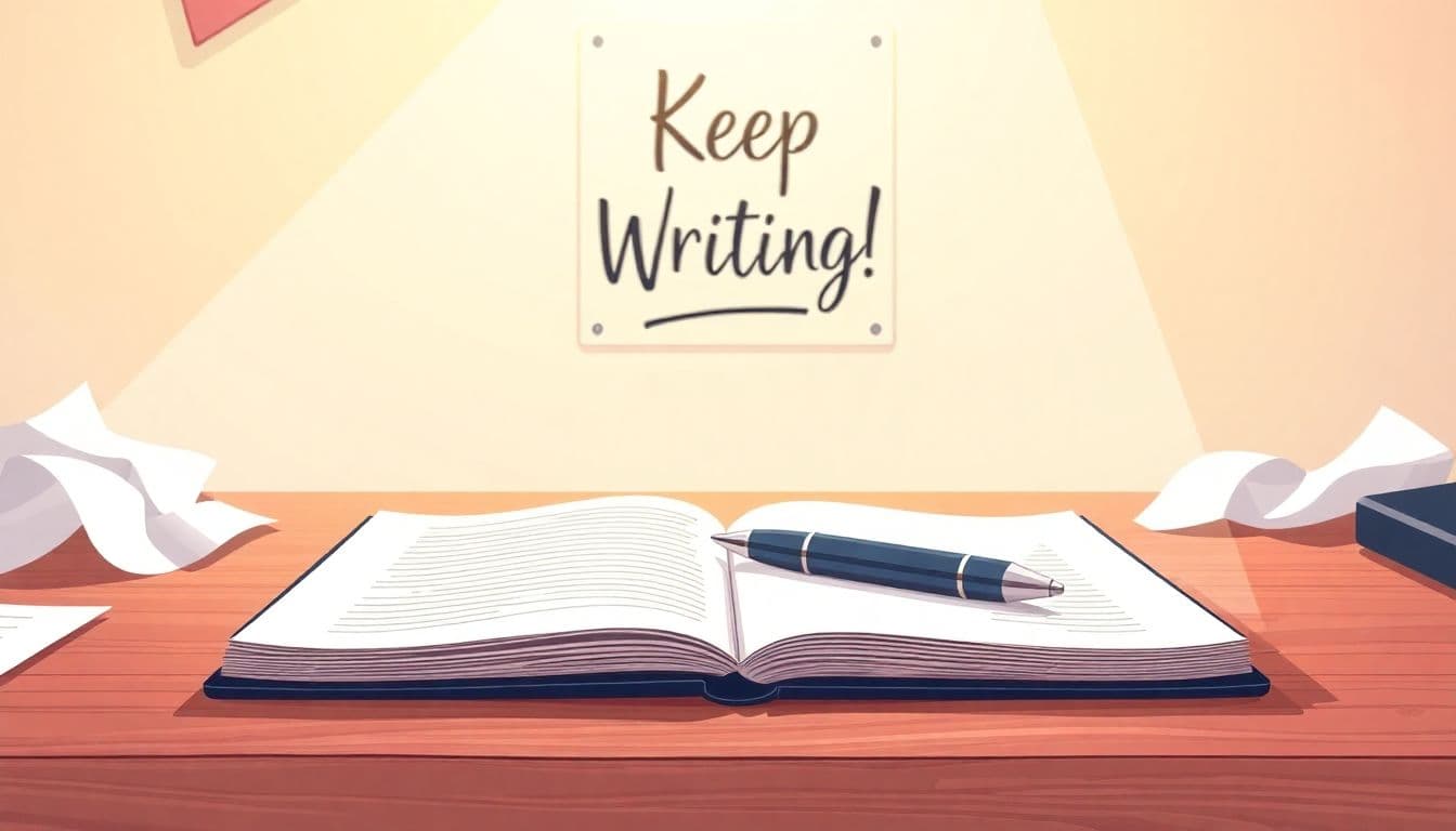 A serene writing desk with an open notebook and pen, surrounded by crumpled papers and a motivational poster that says 'Keep Writing!', all bathed in soft, warm light and soft pastel colors.