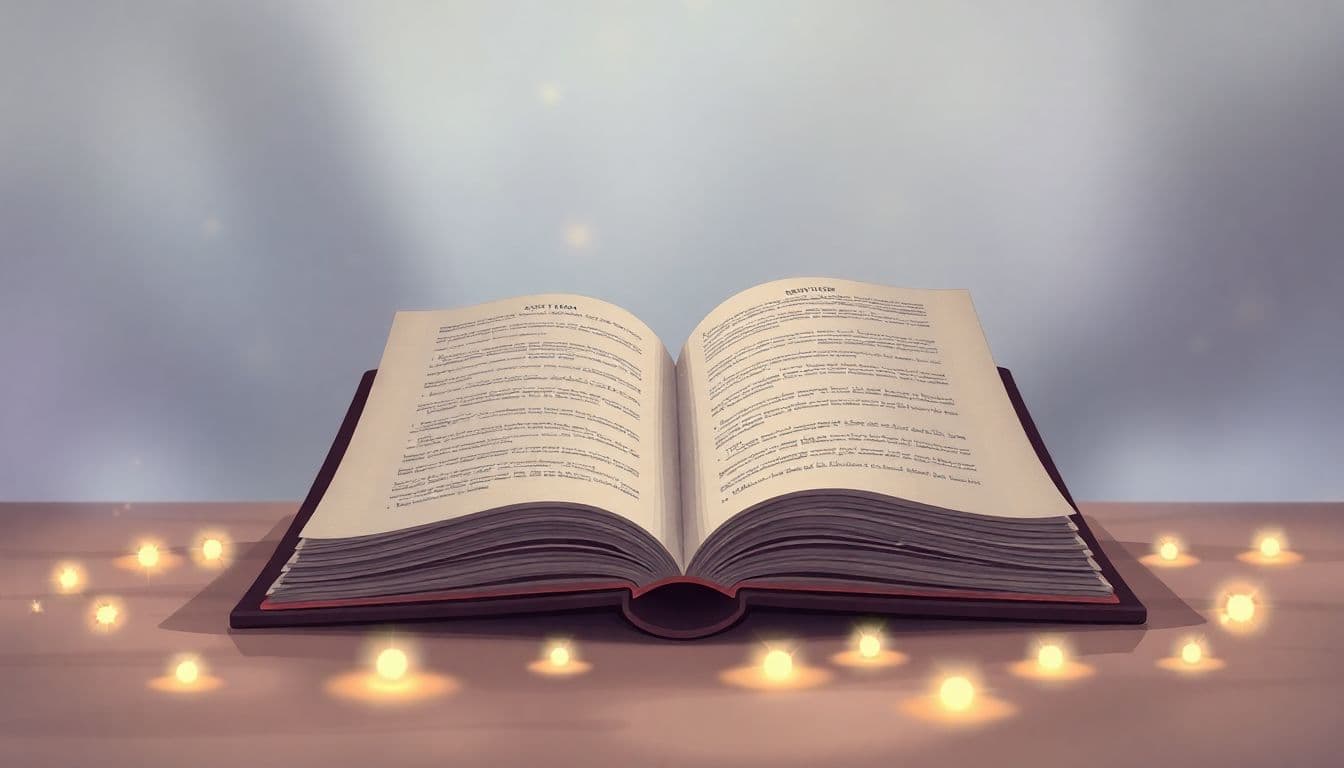 Open spellbook with glowing pages surrounded by sparkling magical orbs in a soft, blurred ethereal setting with hints of constellations and abstract color swirls.