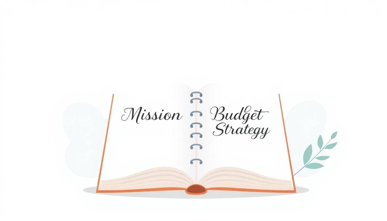 A large open notebook with elegantly handwritten sections labeled "Mission," "Budget," and "Strategy," surrounded by soft, abstract shapes and light gradients in calming blues and greens.