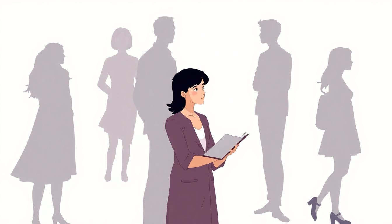 A confident storyteller stands surrounded by distinct silhouettes, symbolizing various perspectives, against a soft, minimalist background.