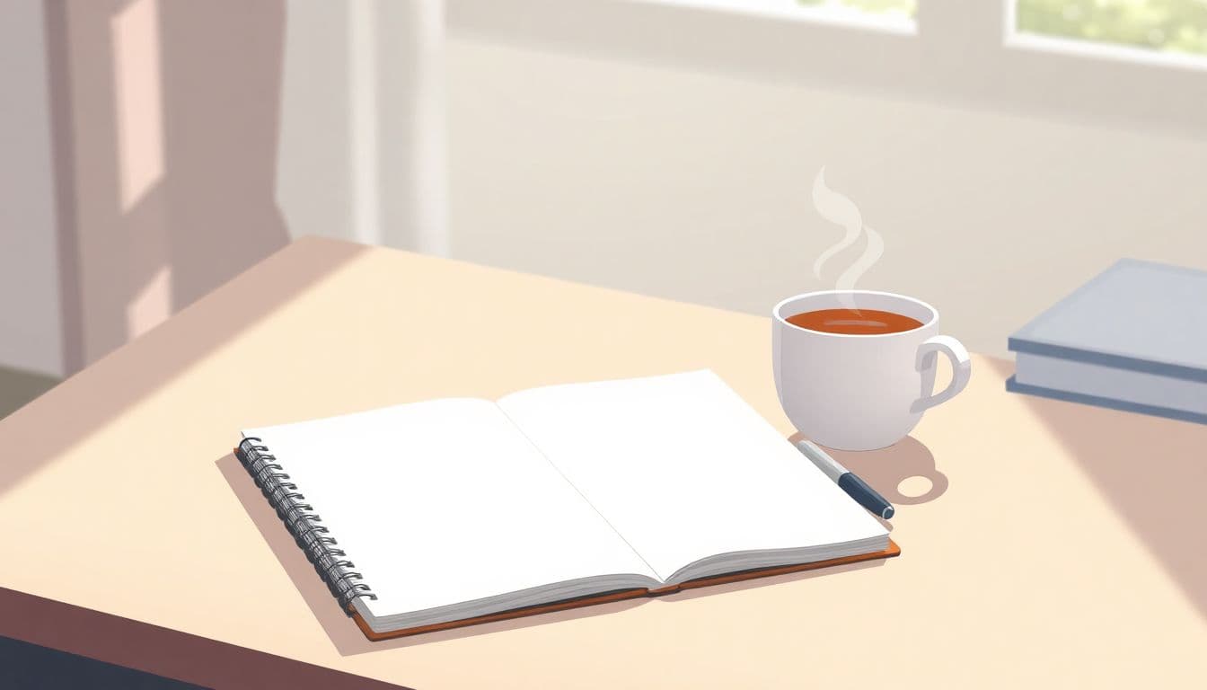Minimalist illustration of a serene workspace featuring a simple desk, an open notebook, a pen, and a steaming cup of tea or coffee, illuminated by soft natural light. The background is subtly blurred to emphasize the organized setup, conveying tranquility and inspiration.