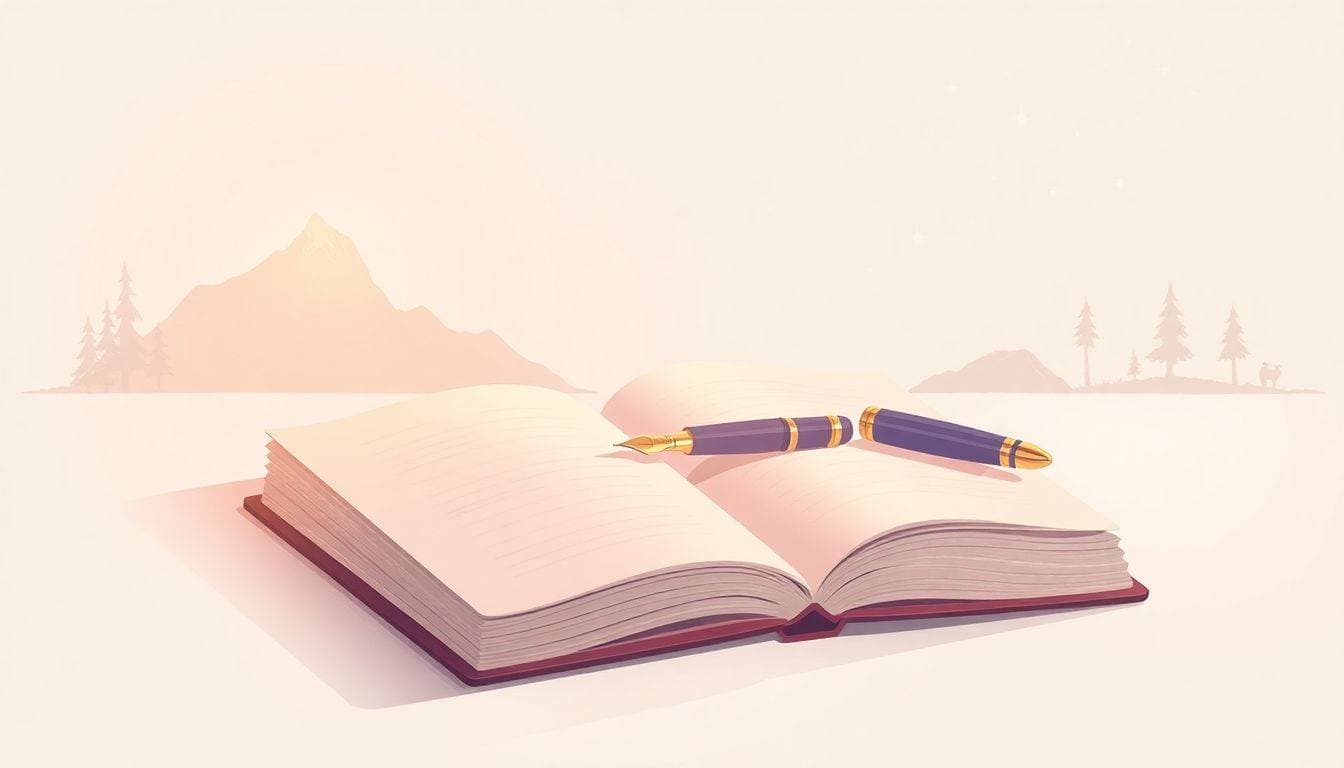 Open notebook with a fountain pen resting on its pages, surrounded by soft light and faint illustrations of a mountain, river, and stars in the background.