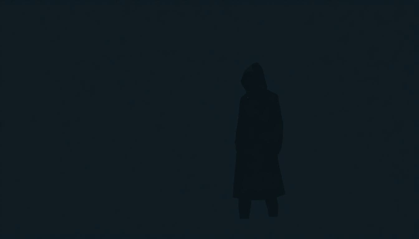 A solitary shadowy figure stands in a dimly lit environment, surrounded by minimal elements, evoking a sense of mystery and suspense.