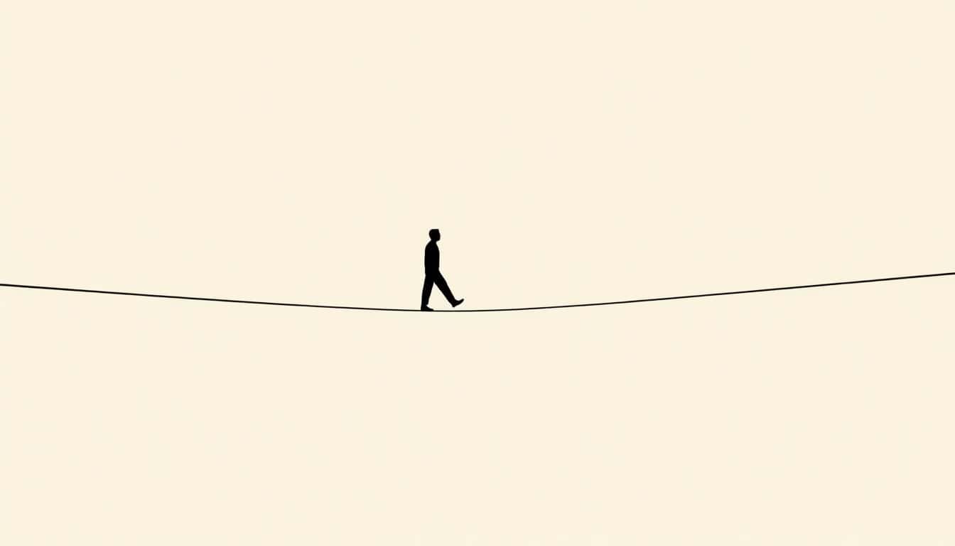 A minimalist illustration of a tightrope walker gracefully balancing on a thin wire, symbolizing the art of satire with clean lines and a simple background.