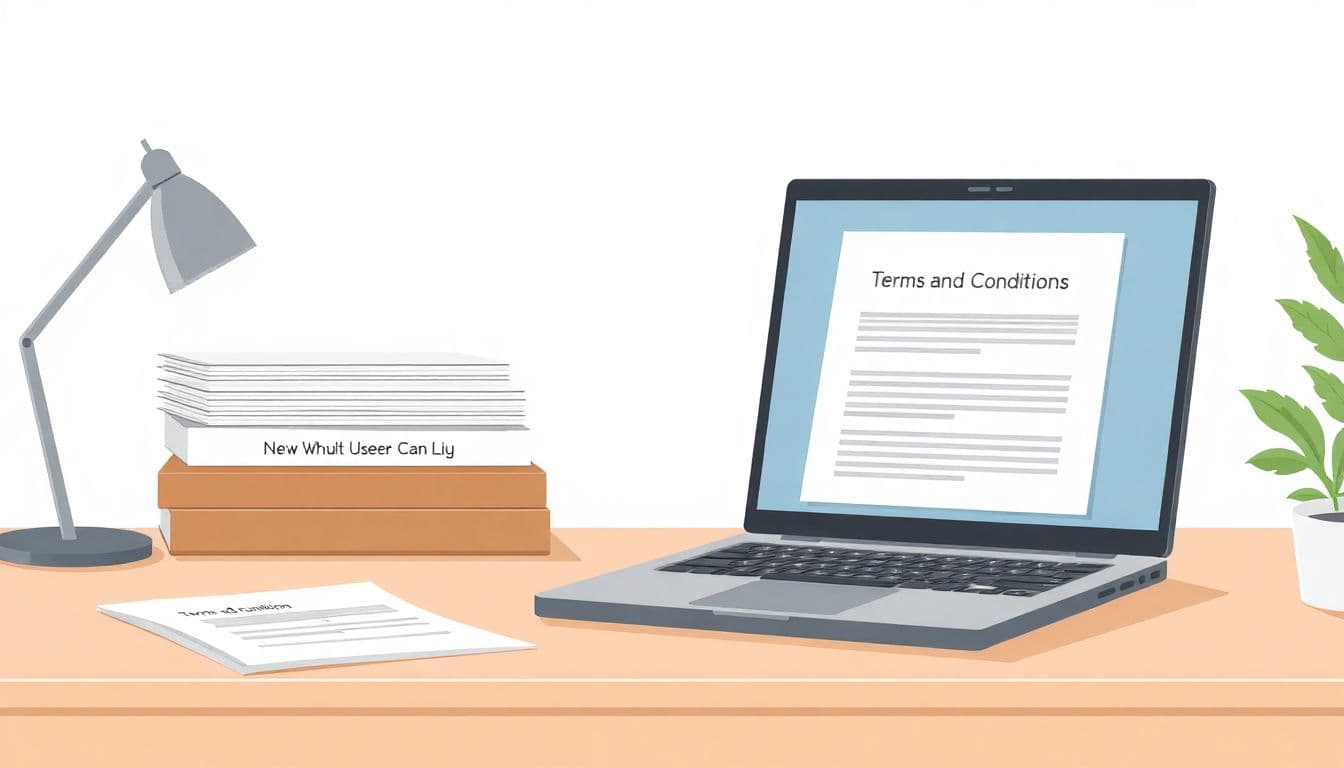 Illustration of a minimalist workspace with a neatly arranged desk, a stack of papers labeled 'Terms and Conditions,' an open laptop displaying a simple document, soft pastel colors, and subtle greenery in the background.