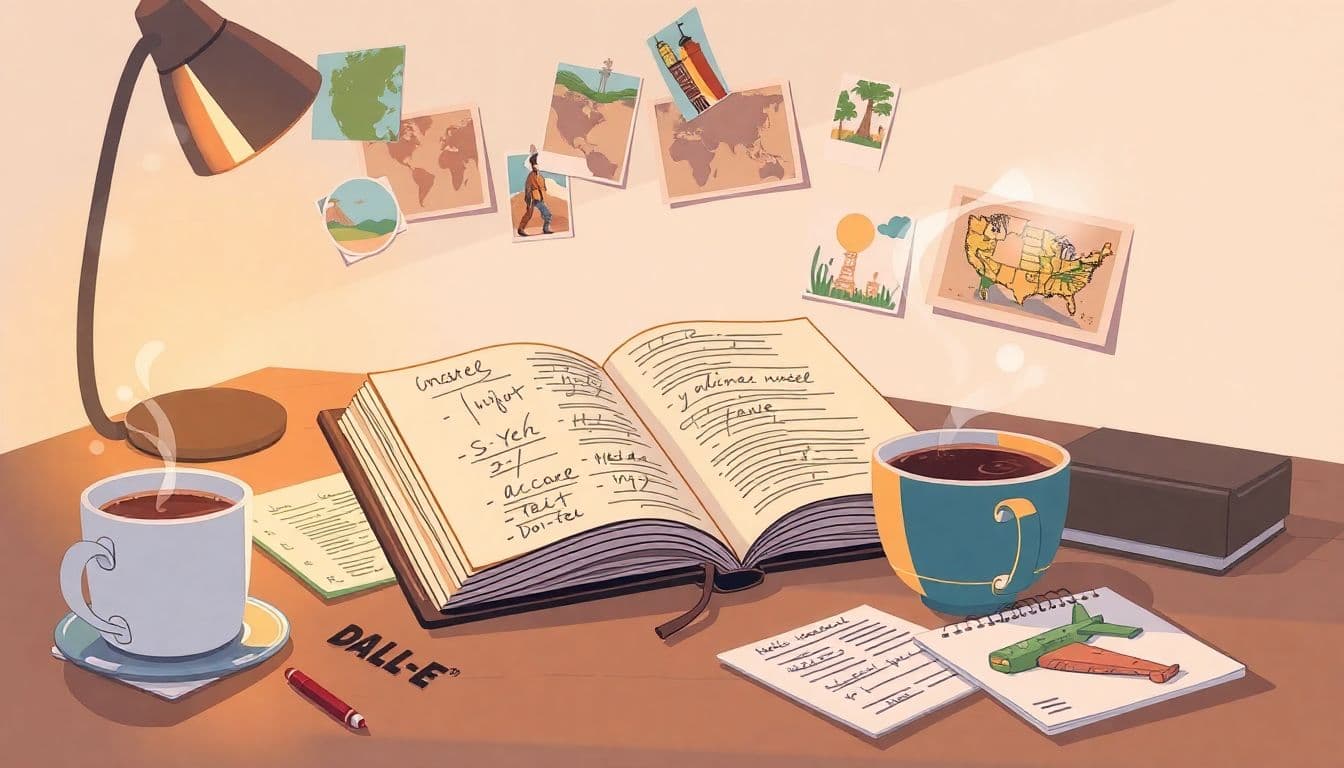 Cozy workspace with an open travel notebook, scattered notes, colorful travel photos pinned on the wall, and a steaming cup of coffee beside the notebook, all bathed in soft, warm lighting.