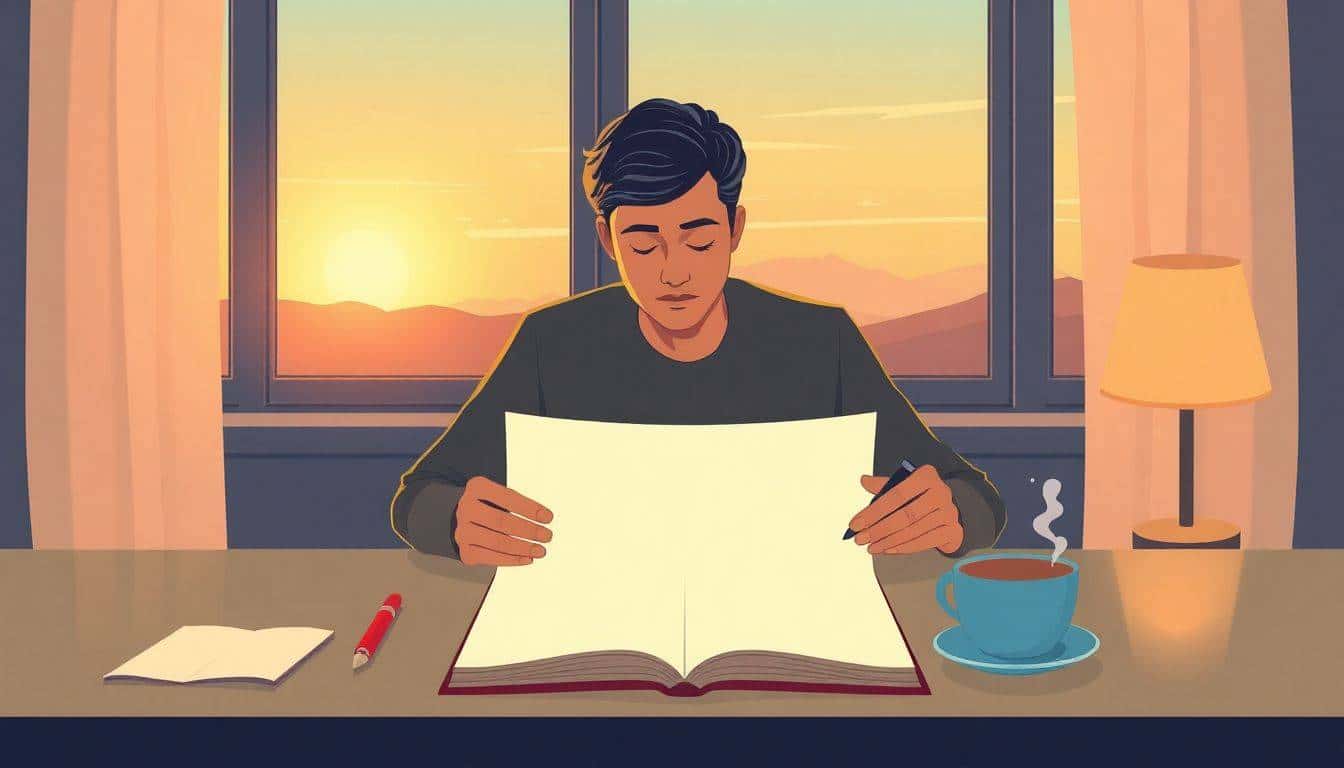 A person sits at a desk, gazing thoughtfully at a blank notebook page, with a vintage fountain pen and a steaming cup of tea nearby. Soft, warm lighting fills the room, enhanced by a gentle sunset visible through the window.