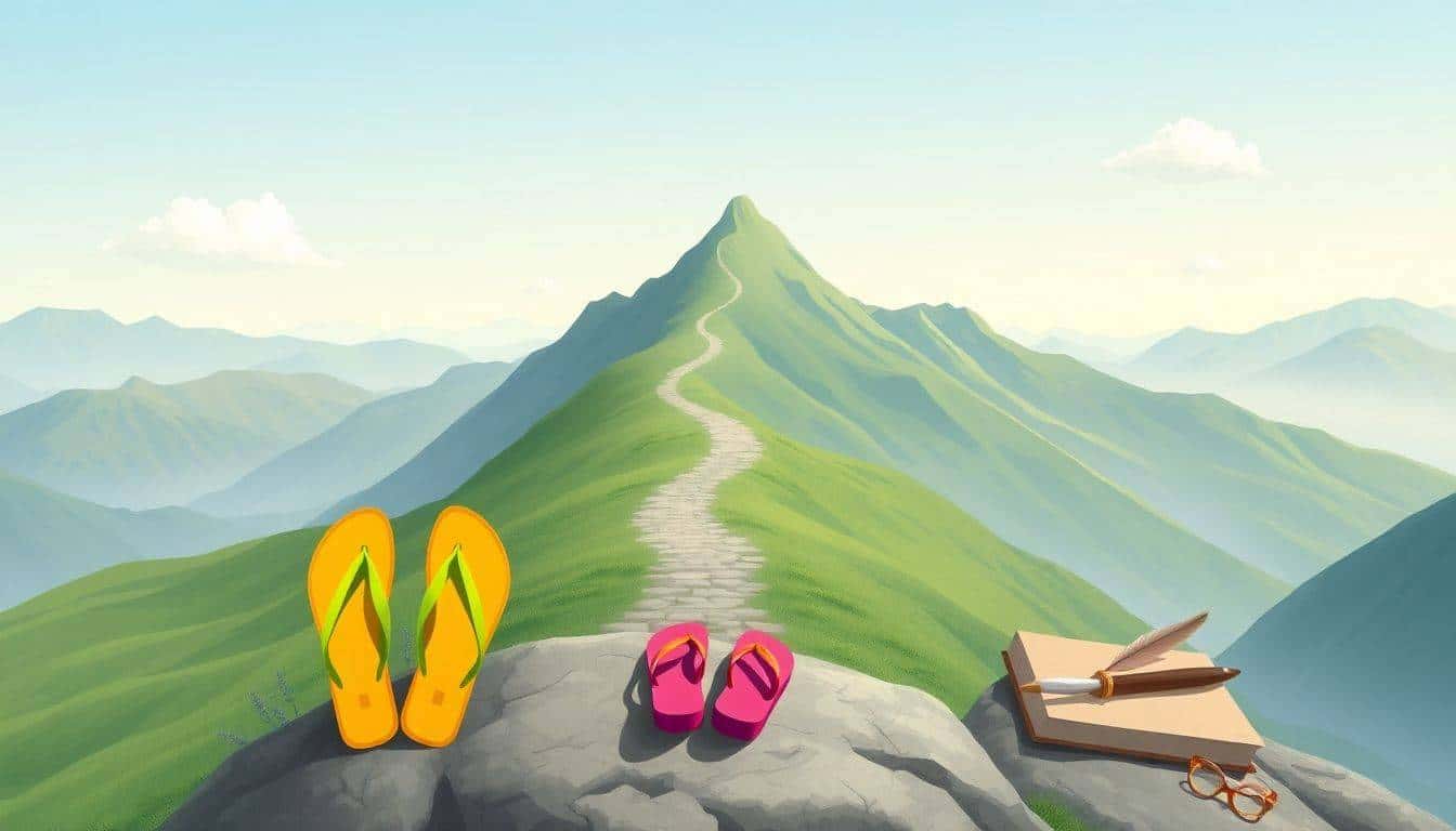 A serene mountain landscape with a winding path leading to the peak, colorful flip-flops resting on a rock in the foreground, and a notebook with a quill nearby, under a bright sky with fluffy clouds.