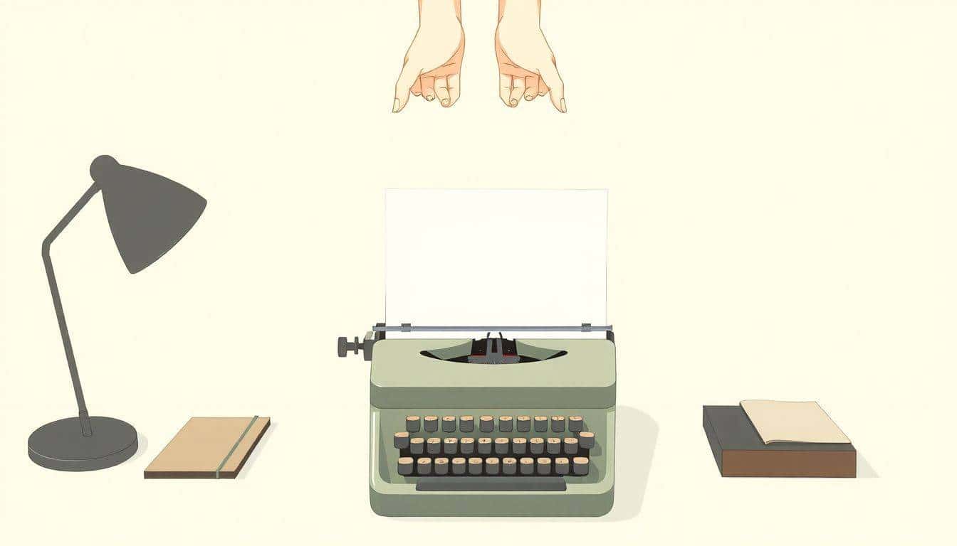 Empty minimalist desk with a vintage typewriter and a blank page, with hands hovering above the typewriter, illuminated by soft warm lighting.