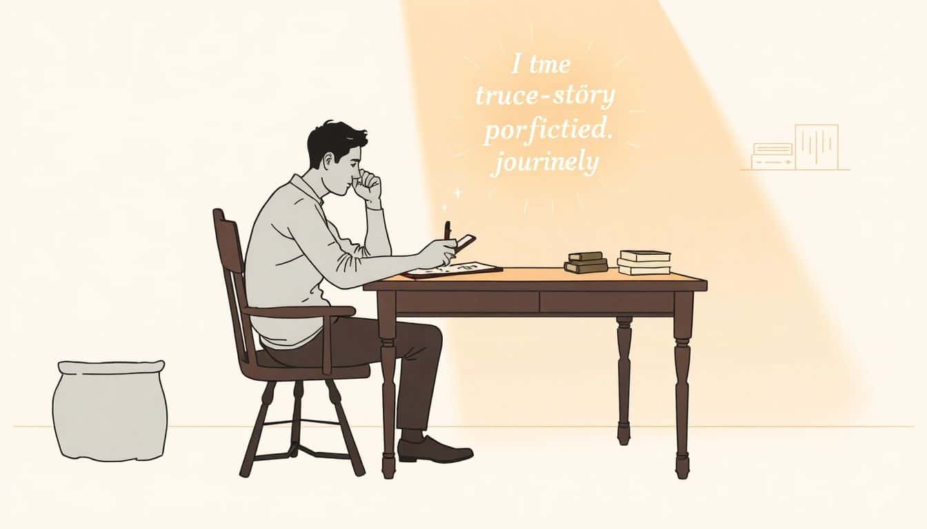 A lone writer sits at a vintage wooden desk in warm light, deep in thought with a notepad and pen. Glowing words emanate from the notepad, symbolizing the transformation of a true story into an engaging narrative. The background is simple and serene.