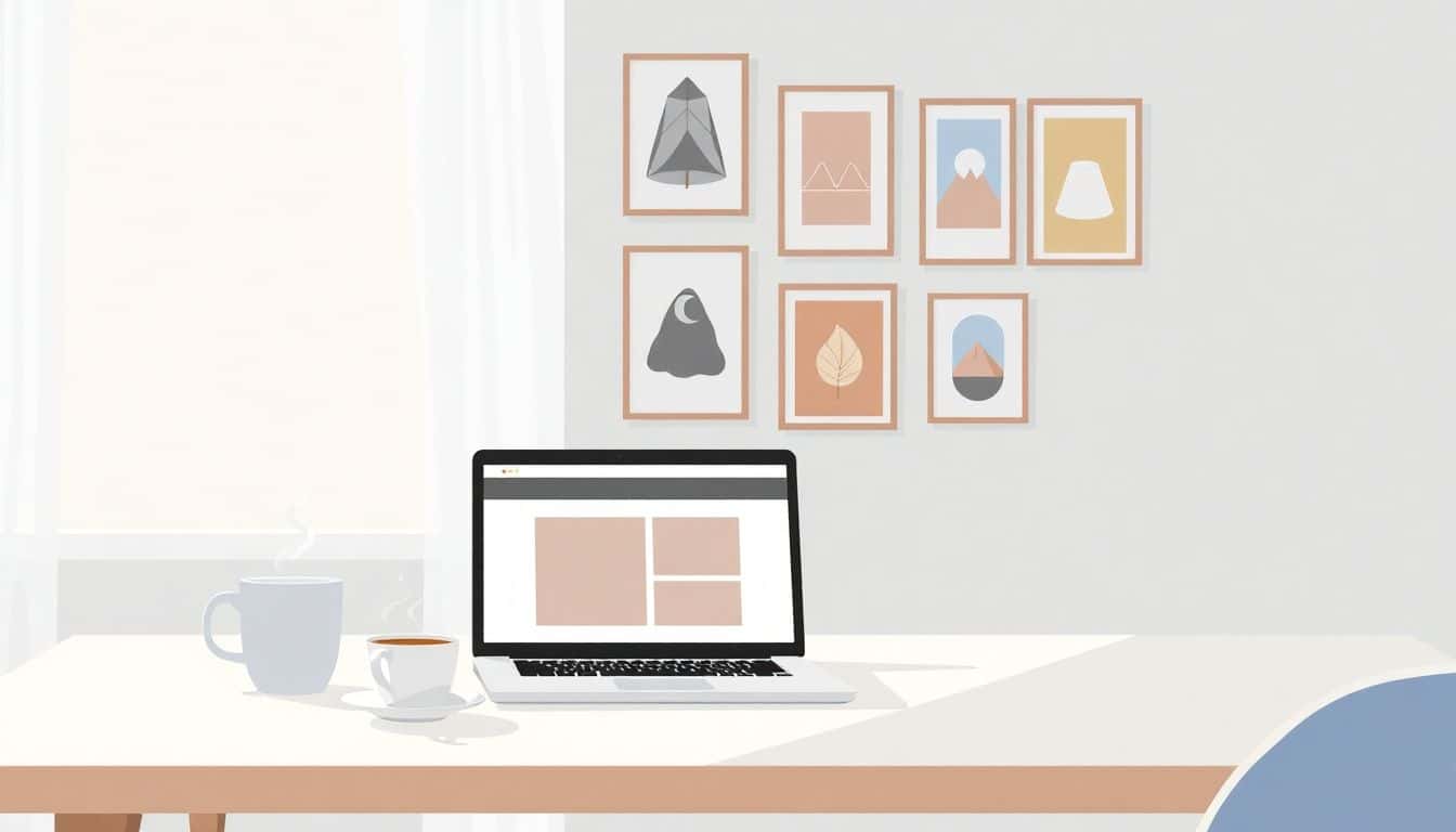 A modern workspace with a simple desk, an open laptop displaying a print-on-demand website, a steaming cup of coffee, and a wall of framed art prints in diverse styles, illuminated by soft natural light from a window.