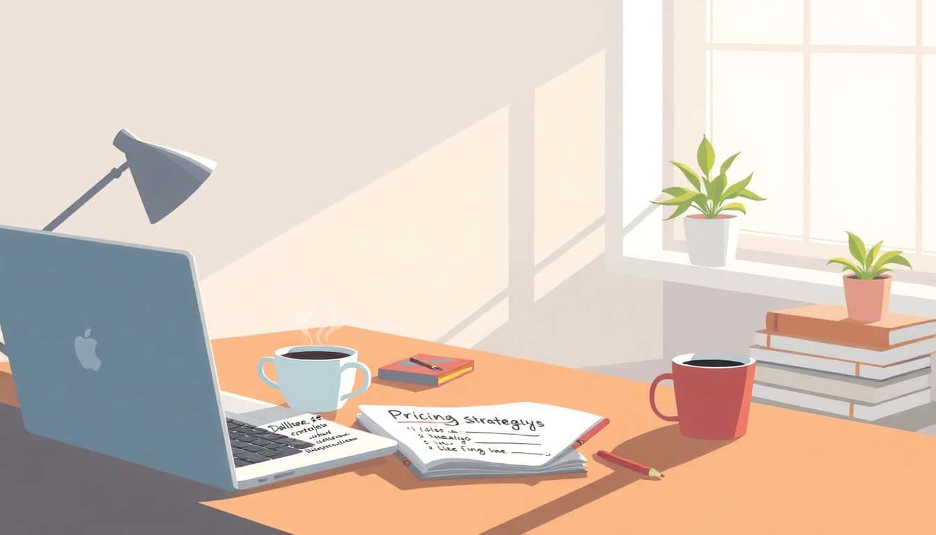 Cozy freelance editing workspace with a laptop, steaming coffee cup, notepad with pricing strategies, soft sunlight filtering through a window, potted plant, and stack of books in a minimalistic background.