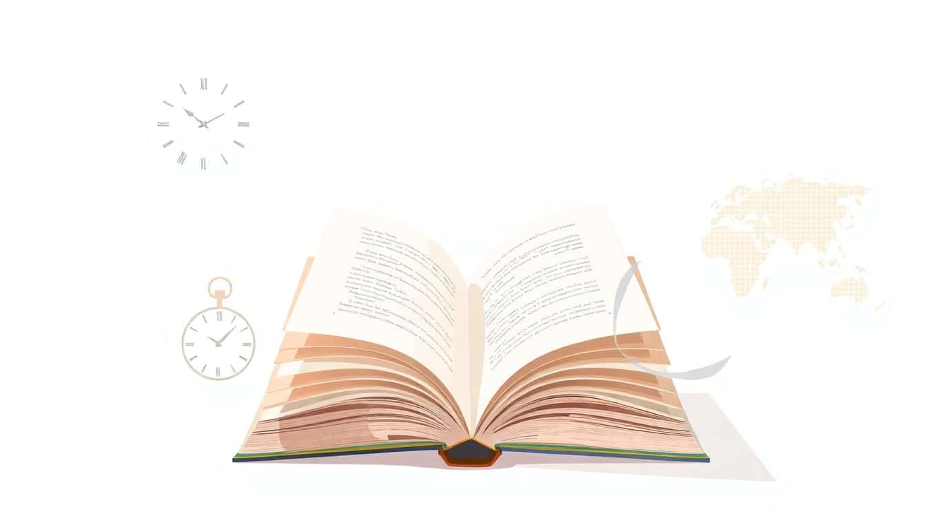 Open book with fluttering pages, surrounded by a clock, hands, and a world map, set against a soft pastel background.