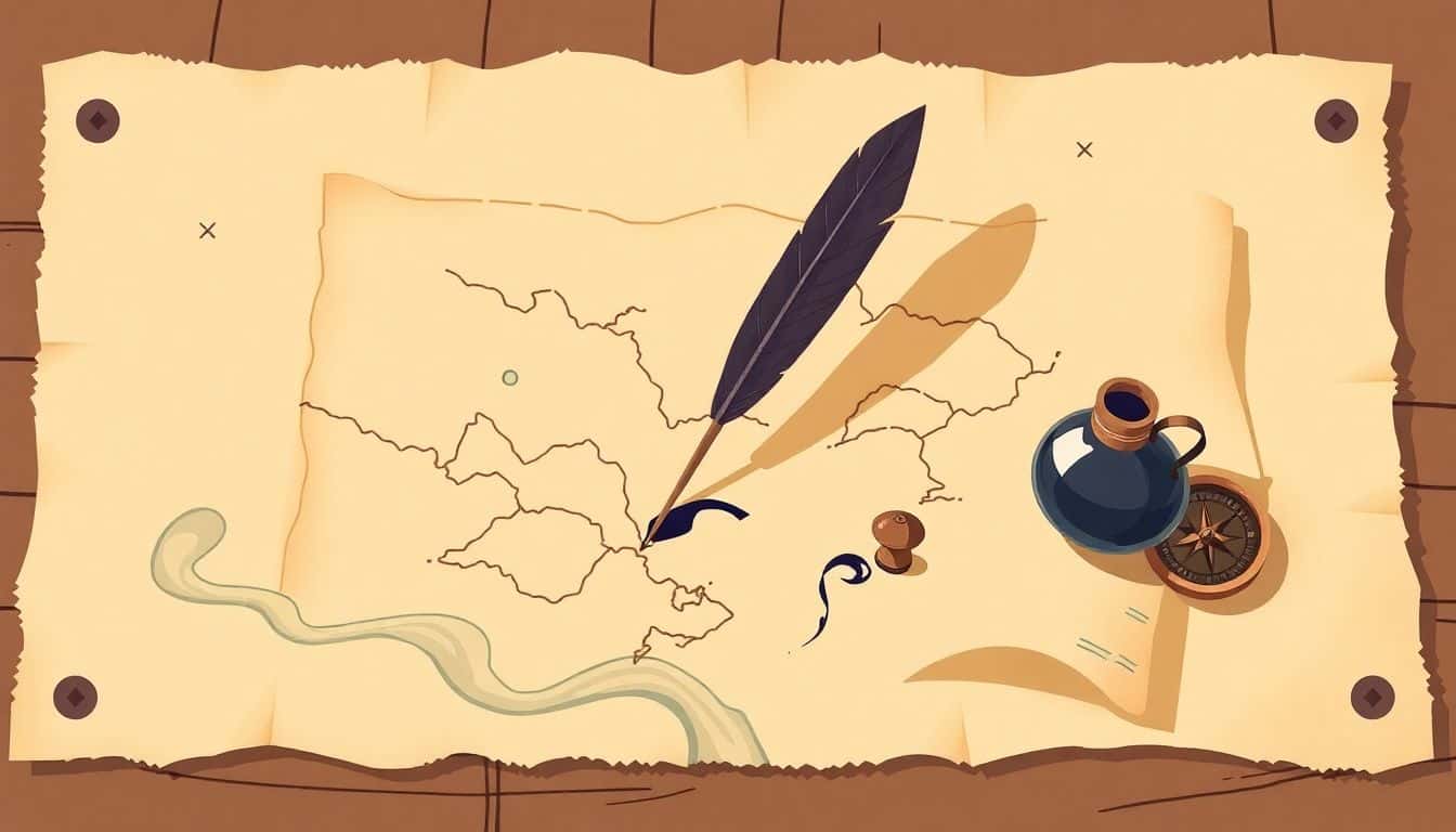 A vintage treasure map with a quill and ink pot on it, surrounded by a compass and a flowing wave of ink, in warm, inviting colors.