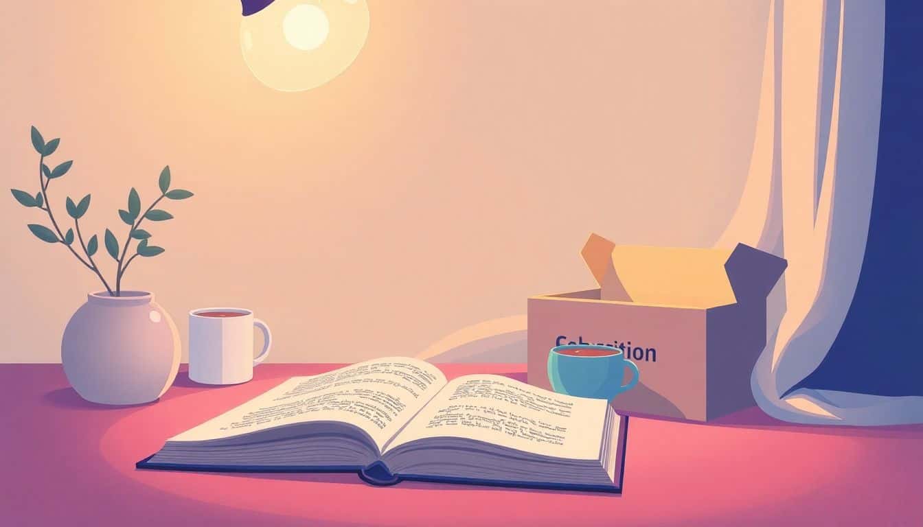 Cozy reading nook with an open book, a subscription box, a cup of tea, and a comfy blanket, bathed in warm lighting and calming colors.