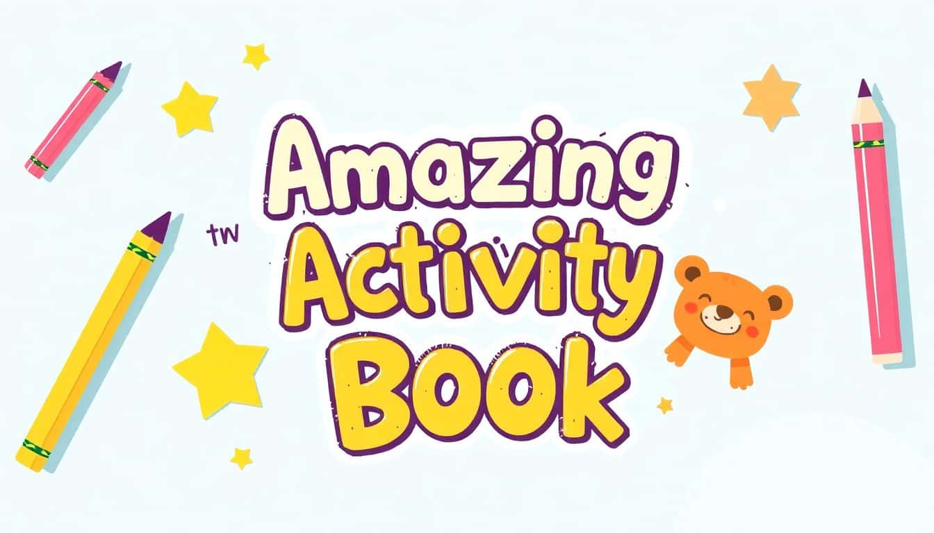Colorful children's activity book cover featuring the title 'Amazing Activity Book' in large, fun letters, with a smiling cartoon dog and whimsical shapes, set against a bright, inviting background.