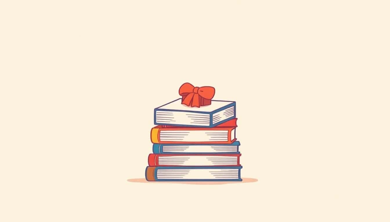 A stack of small book-themed swag items, including bookplates and bookmarks, arranged on a neutral background in soft colors and simple lines.