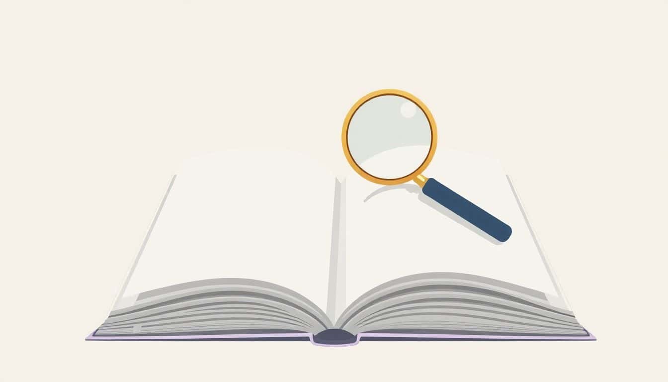 Minimalist illustration of an open manuscript with a hovering magnifying glass above, in soft colors emphasizing proofreading and clarity.