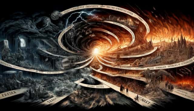 DALL·E 2024 04 01 22.17.01 This Dynamic Illustration Captures The Essence Of Plotting A Dystopian Story Without Relying On Textual Elements. The Artwork Begins On The Left With