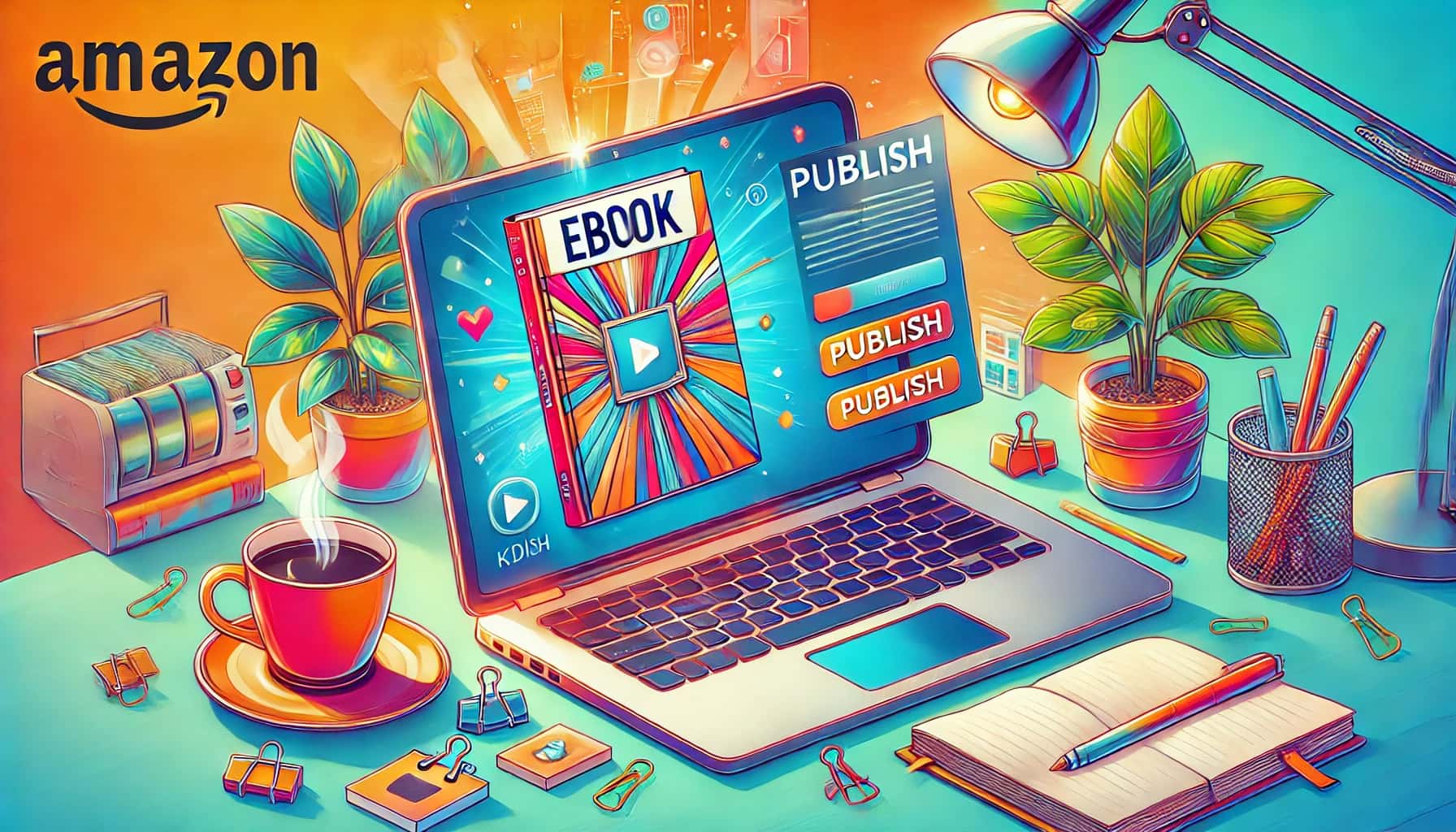DALL·E 2024-10-30 21.41.19 – A vivid, colorful illustration of an open laptop displaying an eBook cover on its screen, with a ‘publish’ button and Amazon KDP logo. The scene is se