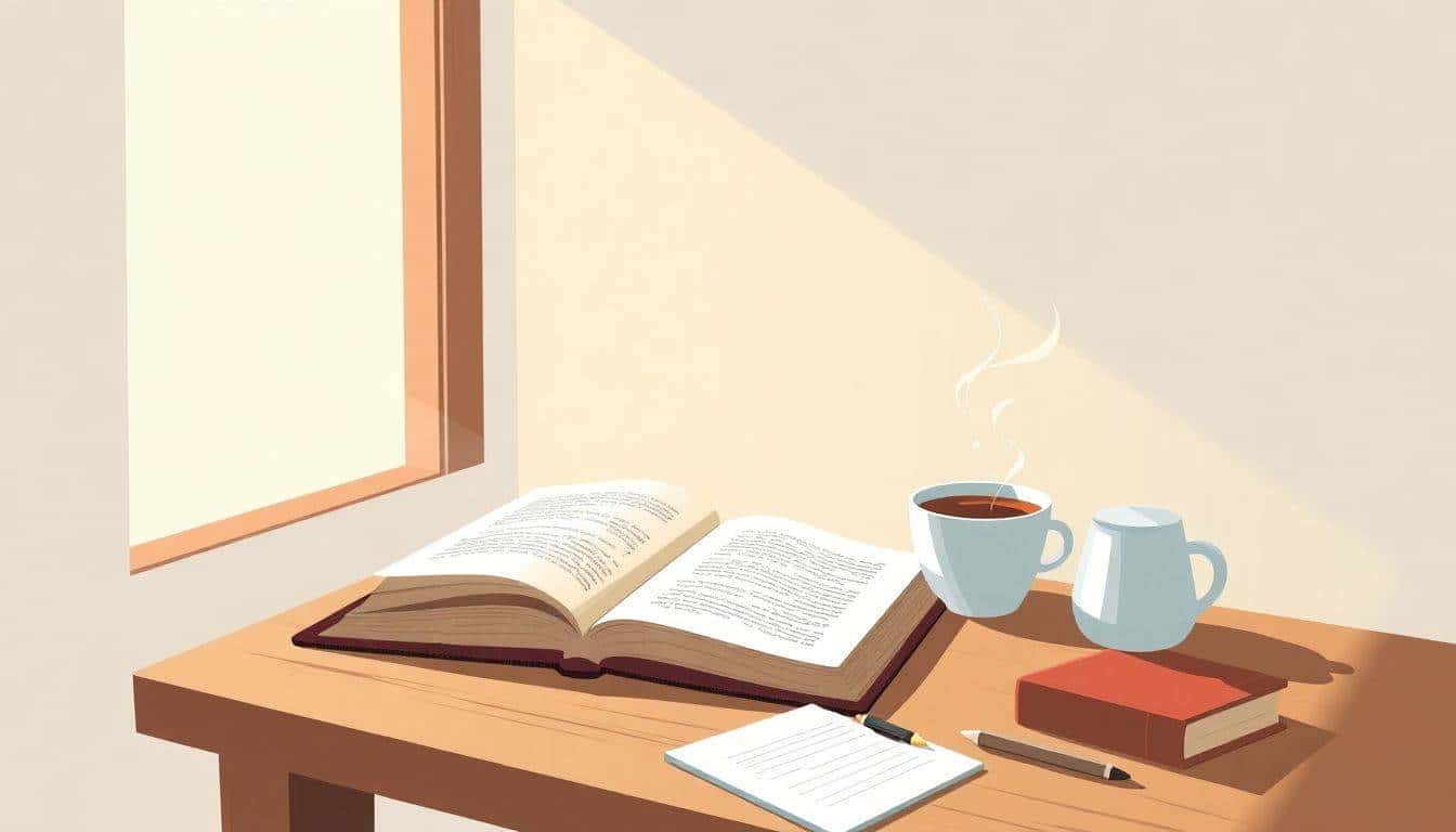 Cozy writing nook with a wooden desk, an open book, a steaming cup of tea, scattered pages, and a notepad with a pen, illuminated by warm light from a window.