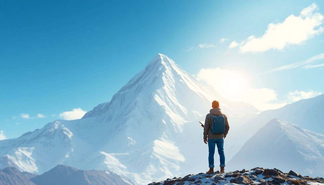 A lone figure stands at the base of snow-capped Mount Everest, holding a compass and a notebook, gazing up at the summit under a clear blue sky with soft clouds.