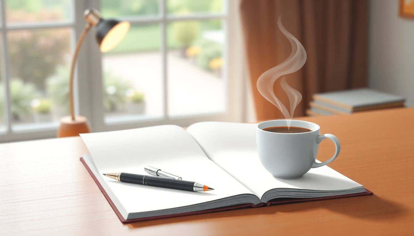 A minimalist illustration of a serene workspace featuring an open notebook, a pen, and a steaming cup of coffee, with a softly glowing desk lamp and a blurred view of a calm garden outside a window.