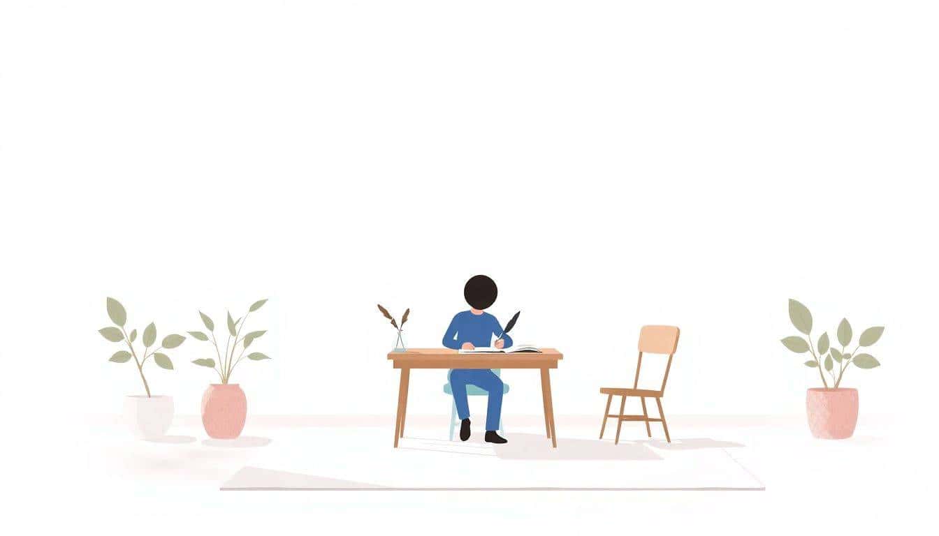A person sits at a small desk writing on parchment with a quill, surrounded by soft natural light and a potted plant in a calming, minimalistic setting.