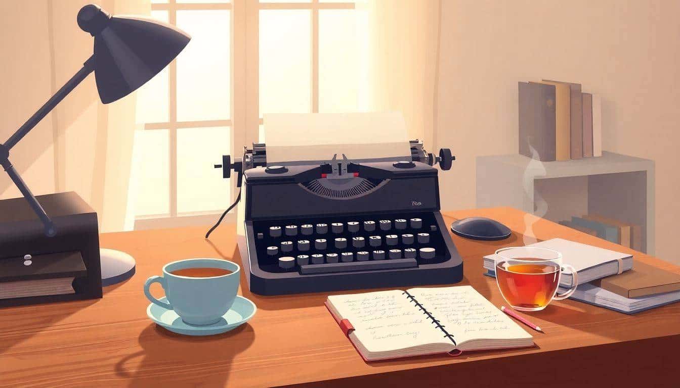 Serene workspace with a classic typewriter, handwritten notepad, steaming tea, and a bookshelf filled with books, illuminated by soft natural light.