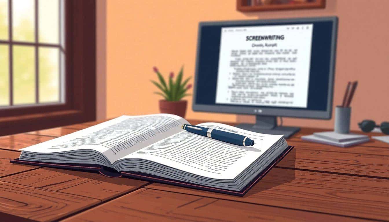 Open notebook and pen on a rustic wooden table with soft warm lighting, blurred computer screen displaying a script layout in the background, and a small potted plant nearby.