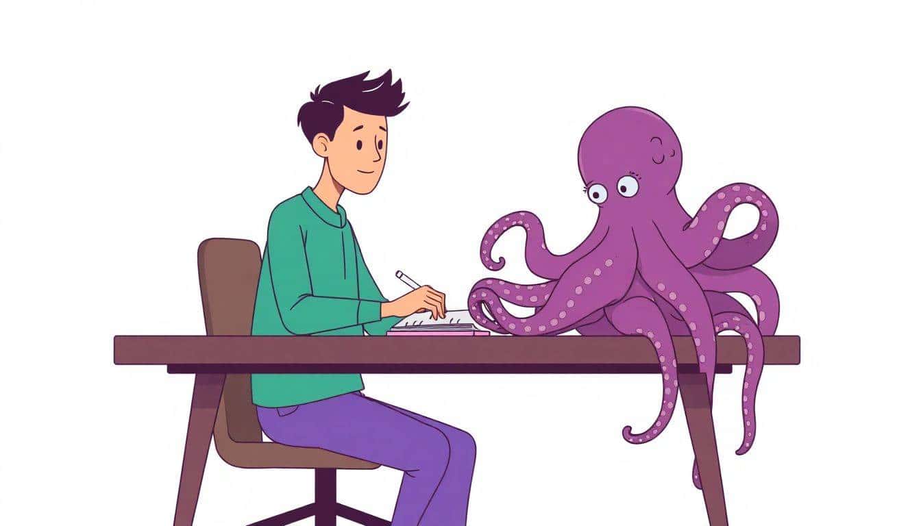 Person sitting at a desk, confidently looking at a neatly organized research paper, with a playful octopus tangled on one side, against a calming, softly colored background.