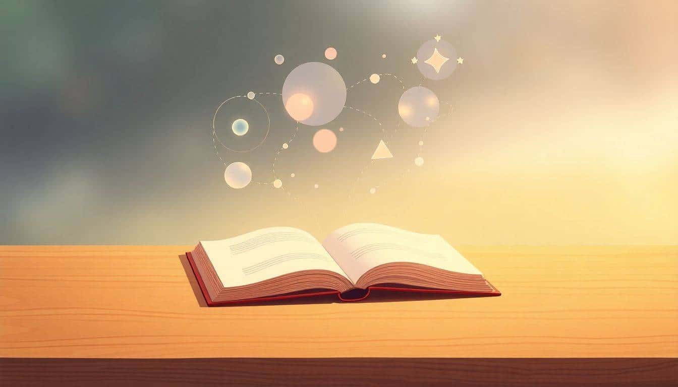 An open notebook on a wooden table with colorful thought bubbles containing abstract shapes and light patterns, set against a minimalistic background with a warm color palette.