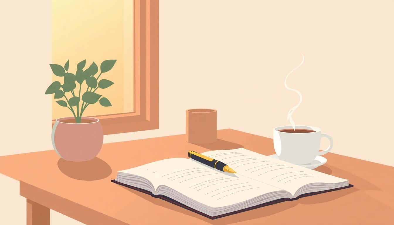 Cozy desk with an open notebook and fountain pen, warm sunlight filtering through a window, potted plant, and steaming cup of tea, creating a serene writing atmosphere.