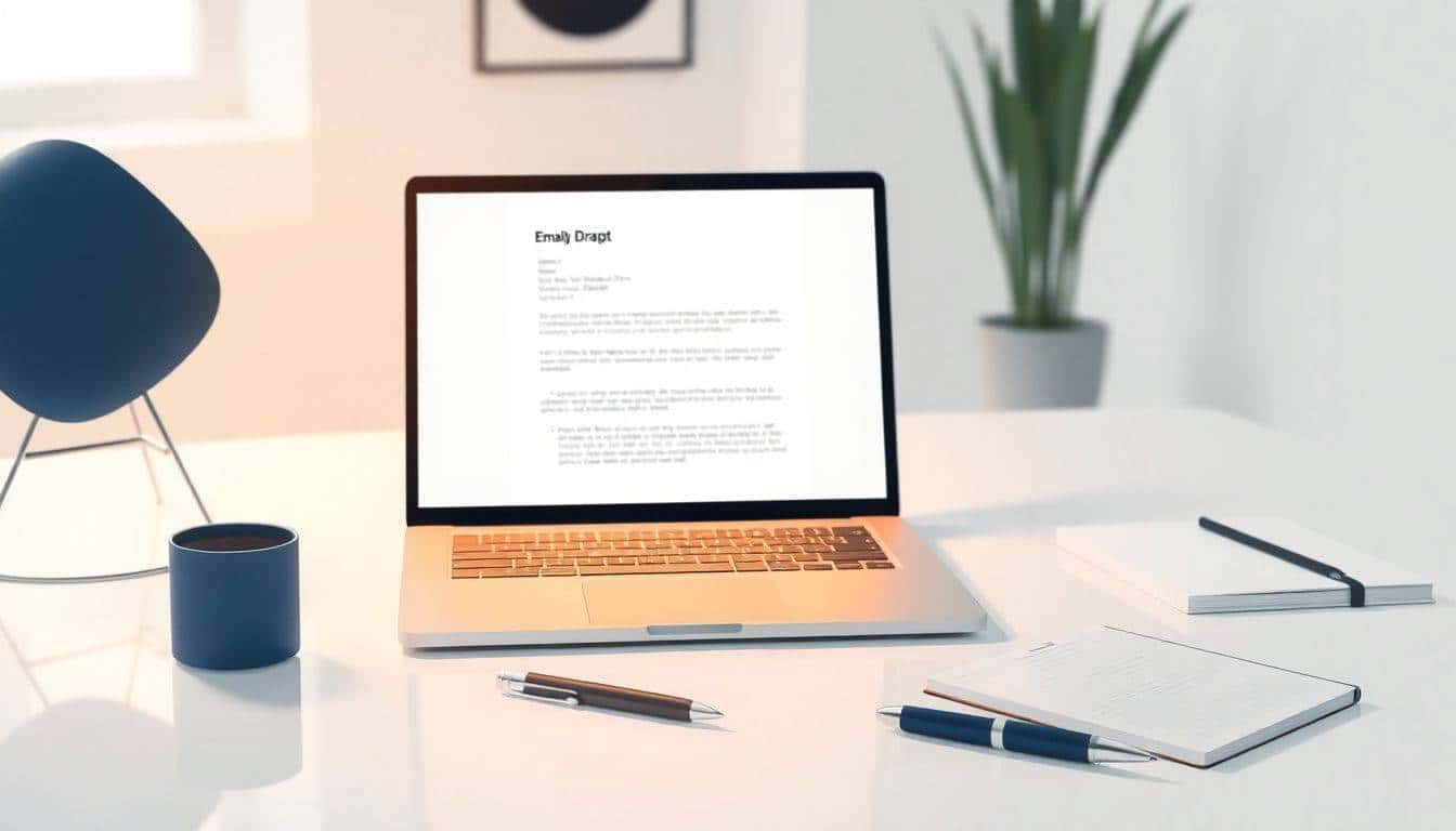 Minimalist workspace with an open laptop displaying an email draft, a stylish pen, and a notepad, all illuminated by soft, warm light against a blurred background.