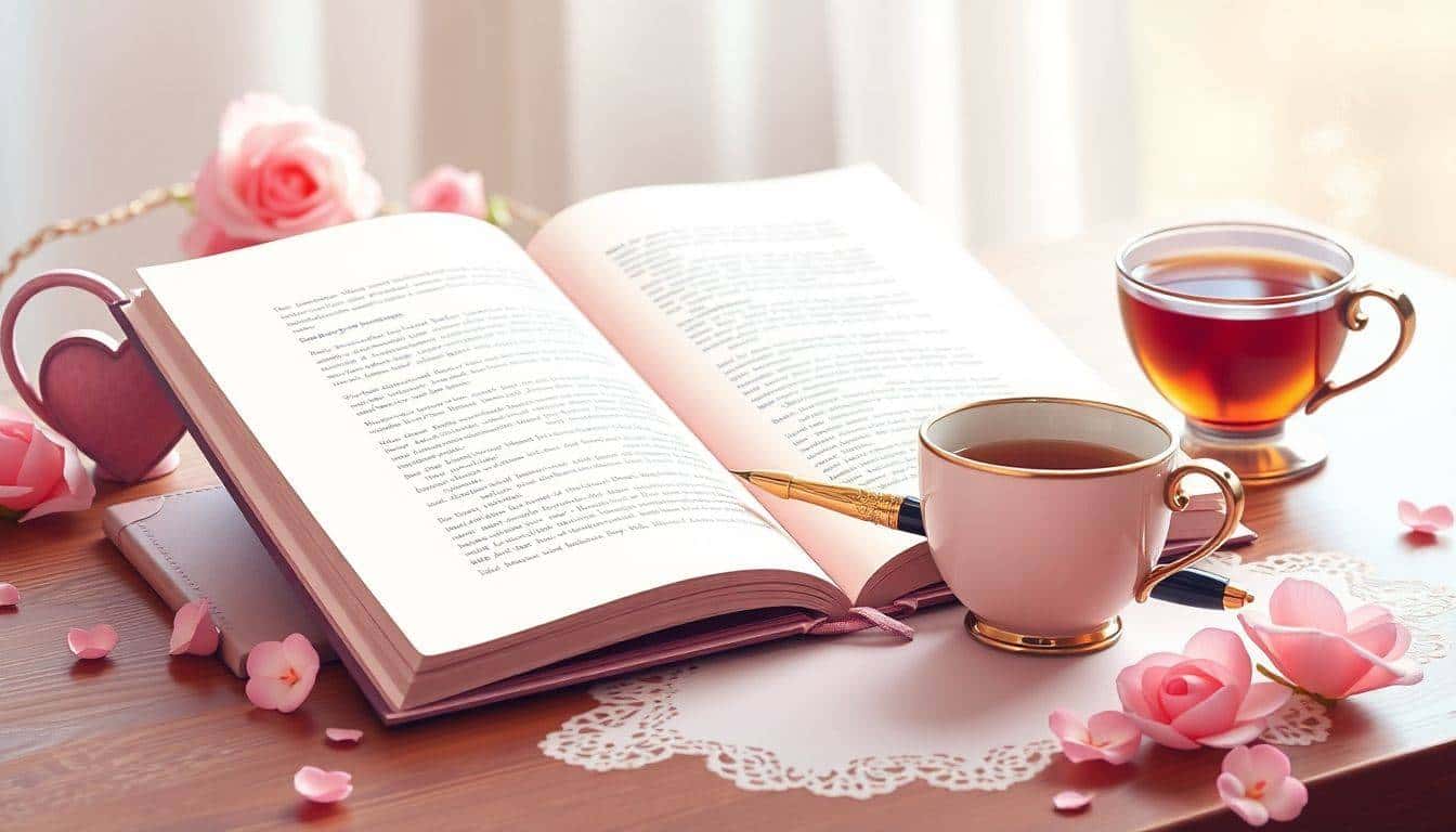 A serene desk scene featuring an open notebook, a vintage pen, a heart-shaped paperweight, and a steaming cup of tea, with a softly blurred background in pastel colors.