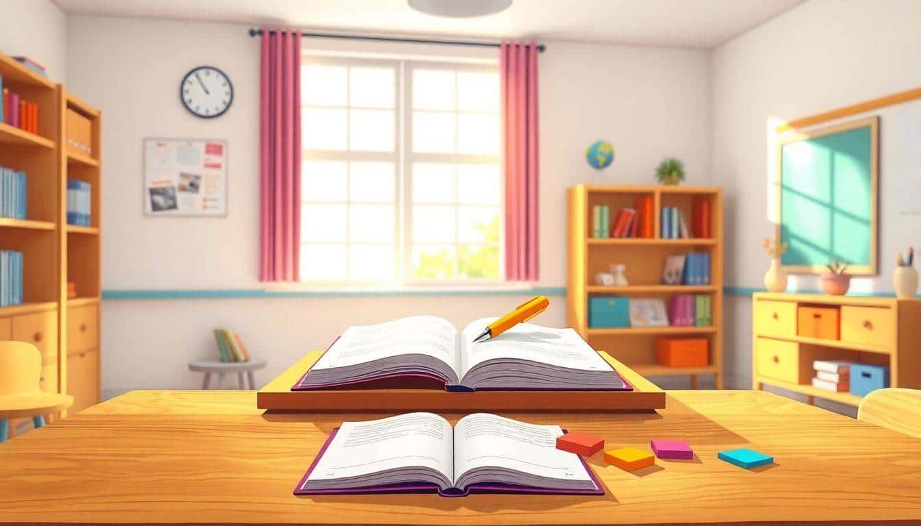 A colorful classroom focused on teaching writing, featuring a whimsical desk with an open notebook, a bright fountain pen, and scattered sticky notes, illuminated by soft natural light from a window. Minimalistic decor and inviting colors create a calming atmosphere.