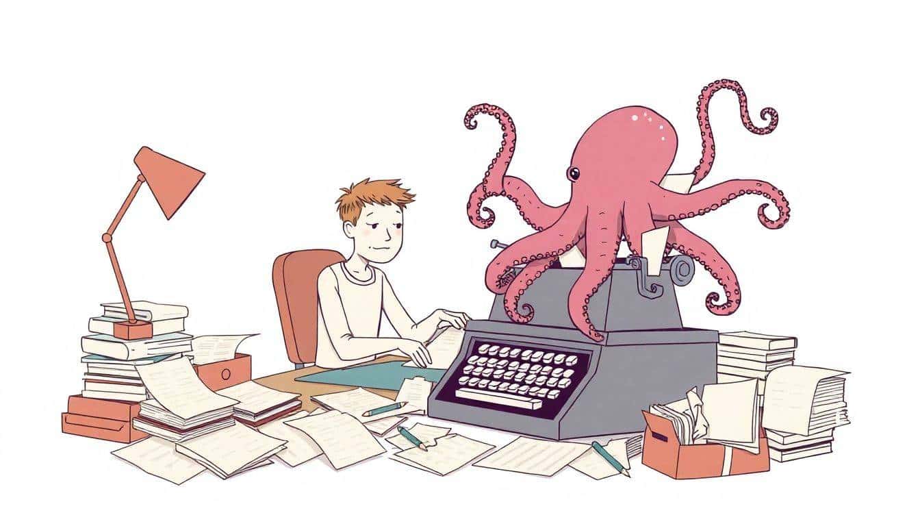 Person at a cluttered writing desk, looking focused yet overwhelmed, with an oversized octopus playfully emerging from a typewriter. Soft, muted colors and a whimsical style enhance the humorous depiction of the writing process.