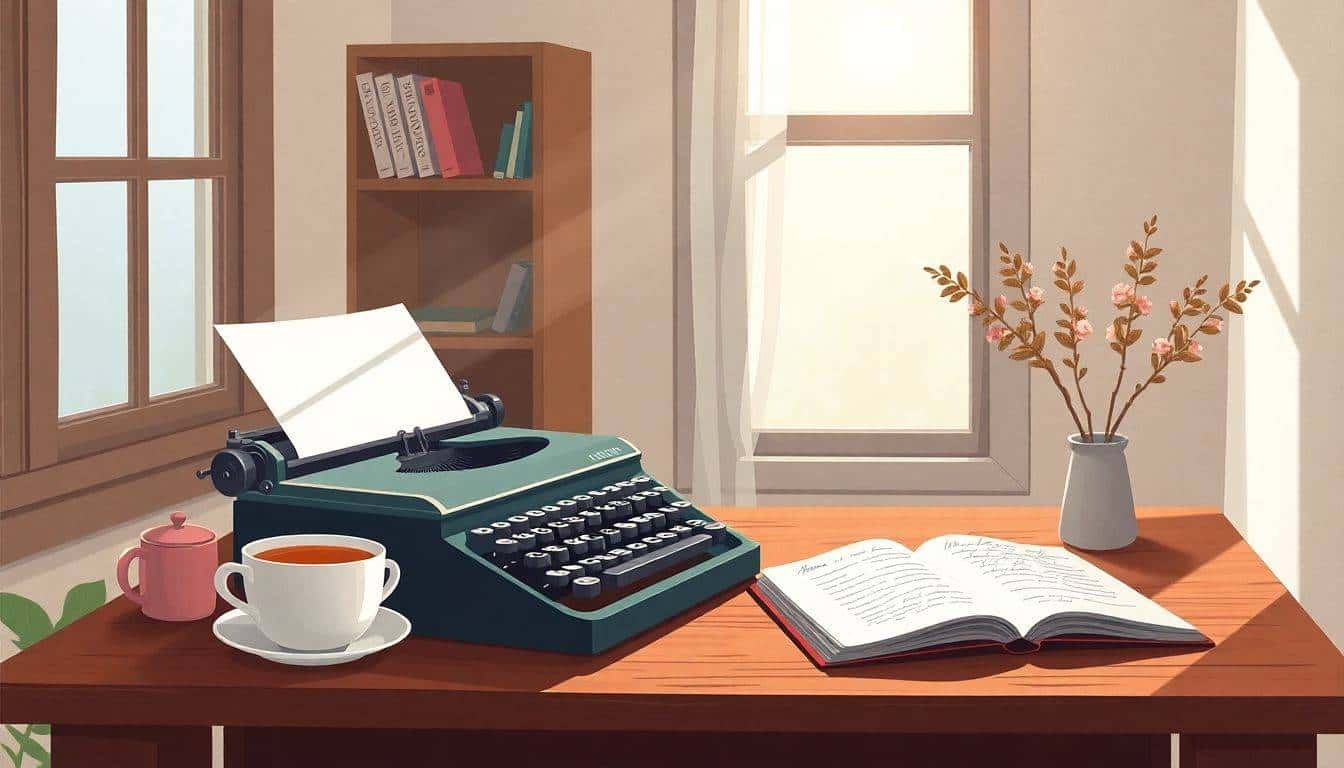 A cozy workspace features a vintage typewriter on a desk, a steaming cup of tea, and an open notebook with scribbled ideas, illuminated by soft sunlight filtering through a window, with a minimalistic bookshelf filled with well-loved books in the background.
